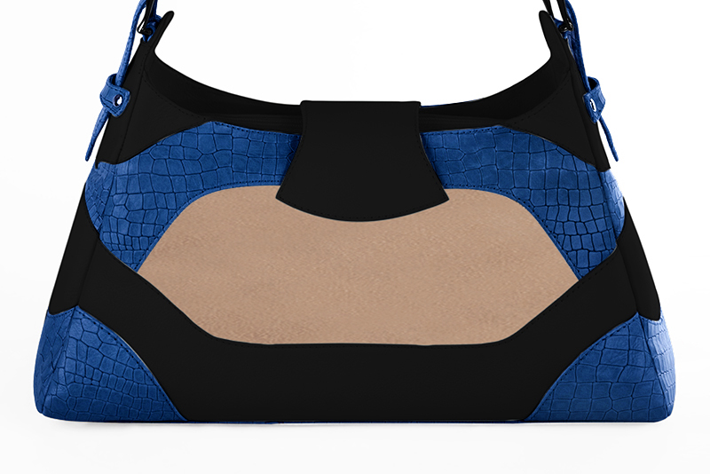 Matt black, biscuit beige and electric blue women's dress handbag, matching pumps and belts. Rear view - Florence KOOIJMAN